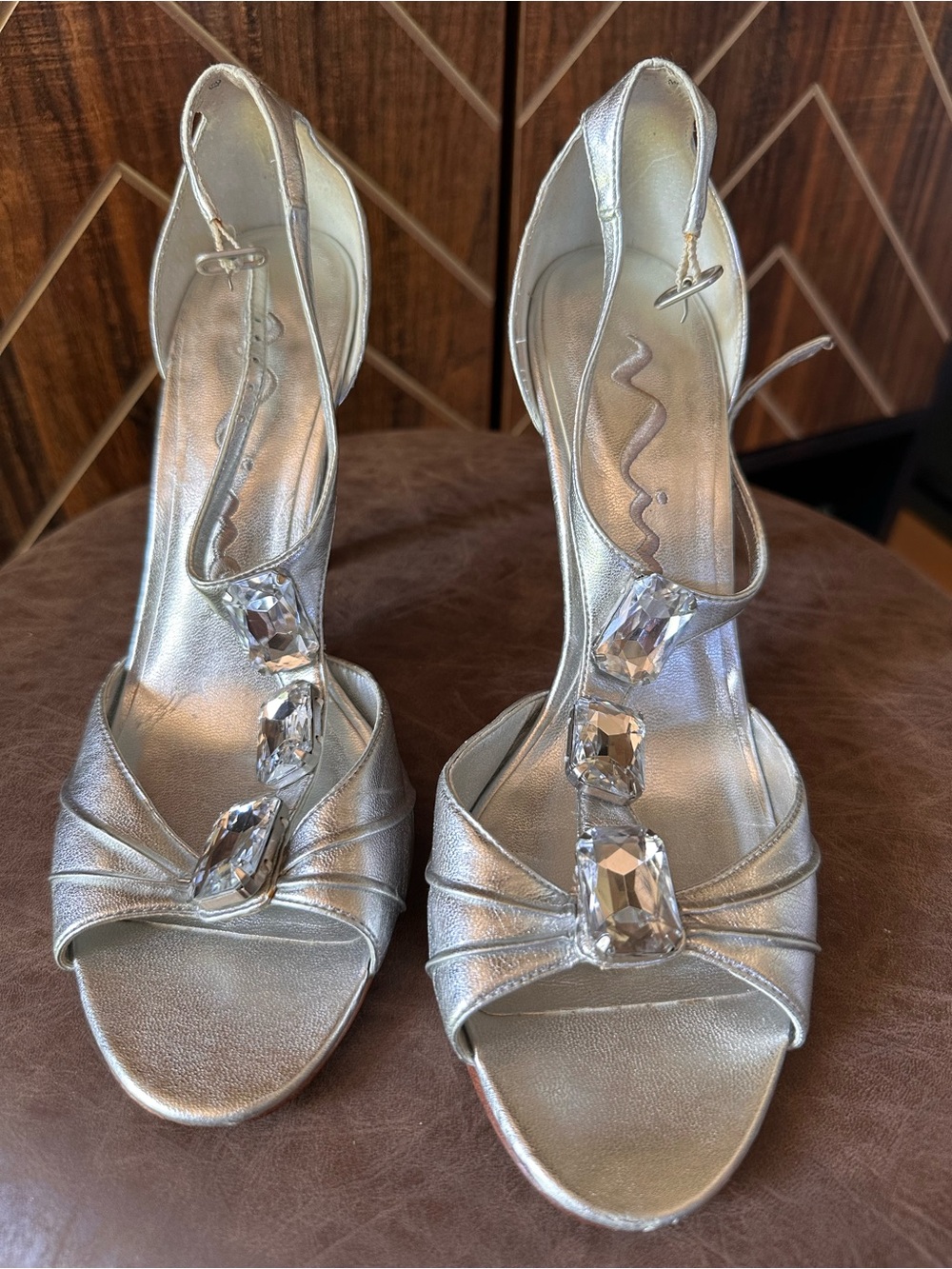 Nina Silver Crystal T-Strap Dress Heels